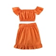 thumbnail image 2 of Bagilaanoe 2Pcs Toddler Baby Girls Summer Outfits Short Sleeve Off Shoulder Cropped Tops + Ruffle Skirt 1T 2T 3T 4T 5T 6T Kids Casual Skirt Set, 2 of 7