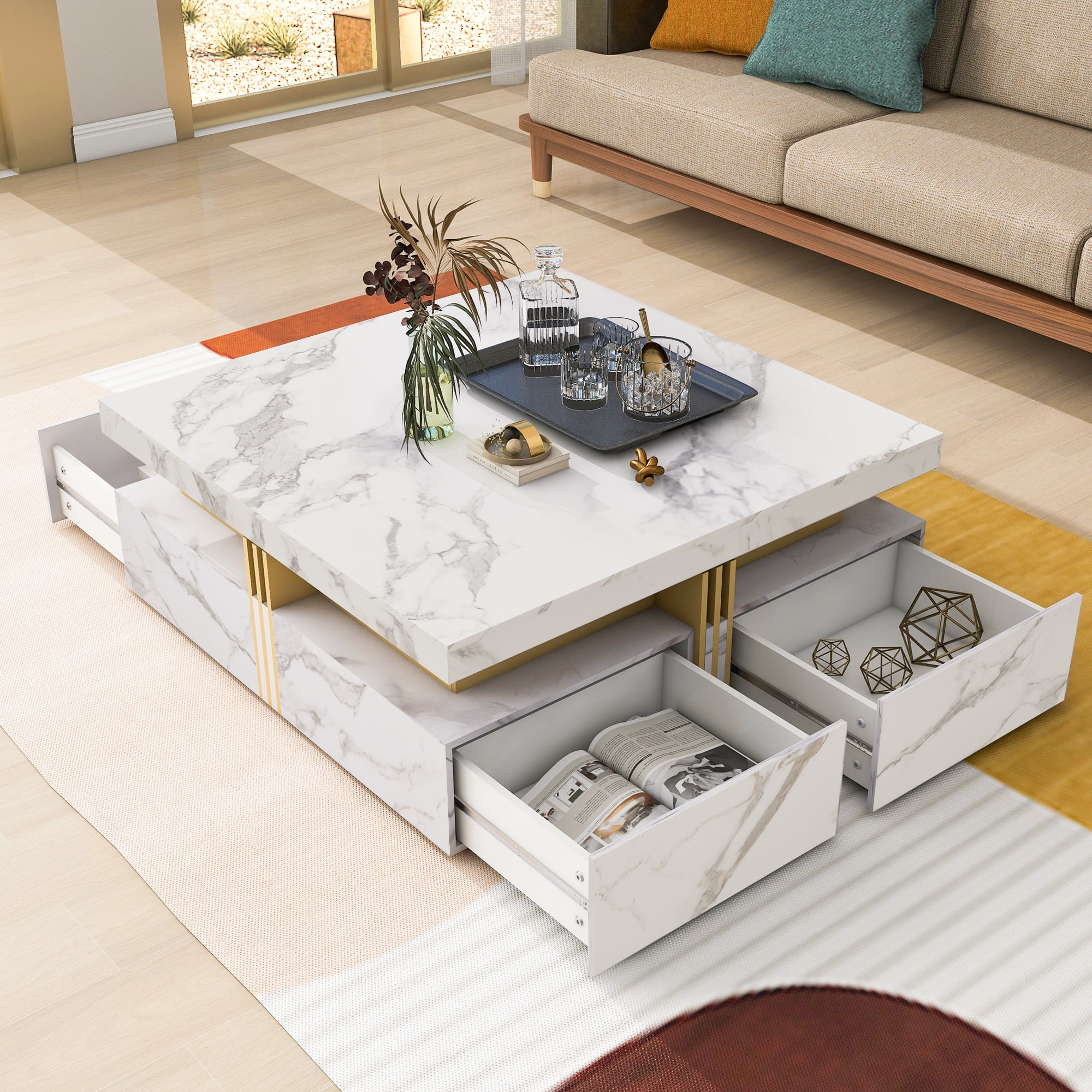 Euroco Modern White Square Storage Coffee Table with 4 Drawers