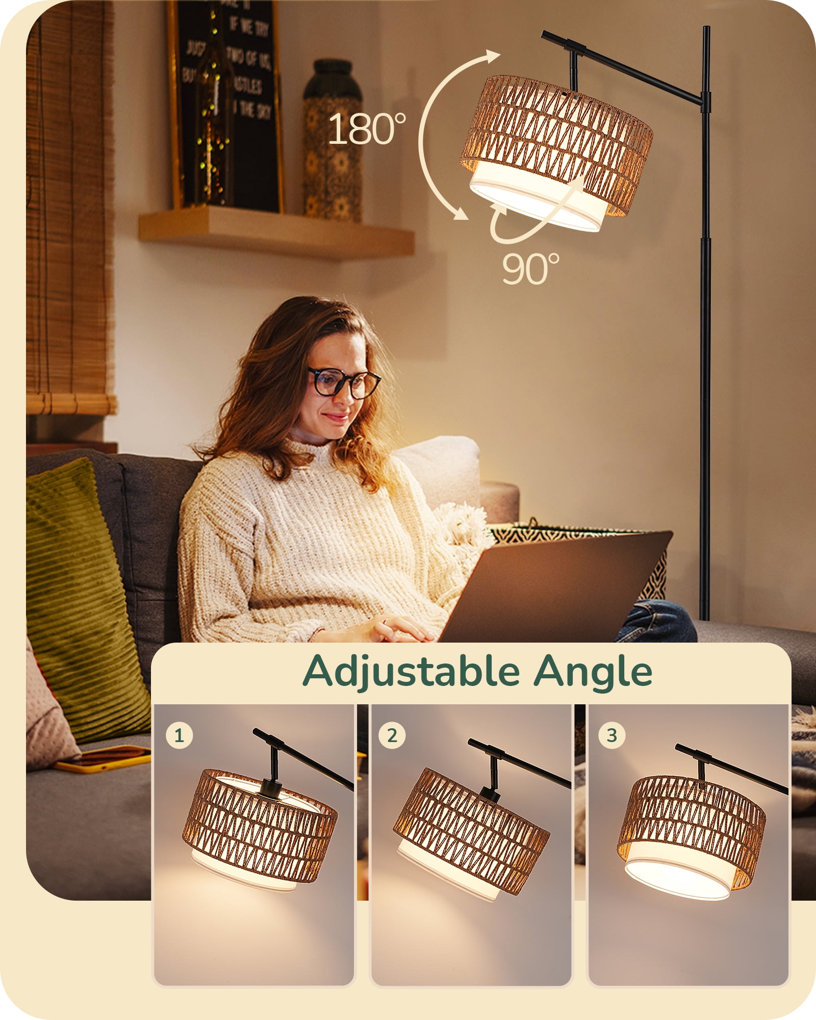 EDISHINE 63.78" Rattan Floor Lamps with Remote for Living Room, Black Standing Lamp with Double Drum Shade, Boho Farmhouse Tall Lamp for Bedroom, With LED Light Bulb
