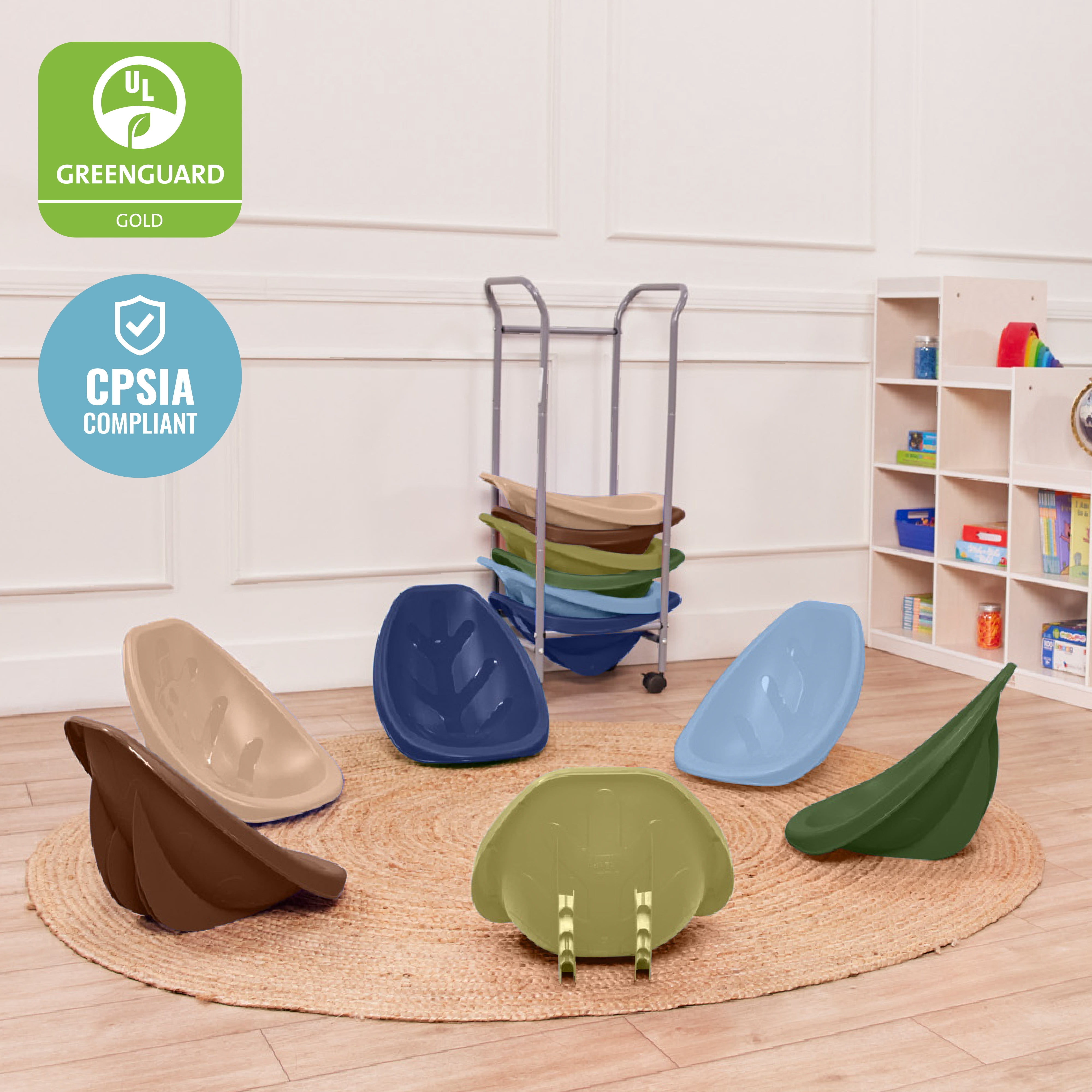 ECR4Kids Leaf Floor Seats with Mobile Leaf Seat Cart, Flexible Seating, Earthtone, 12-Piece