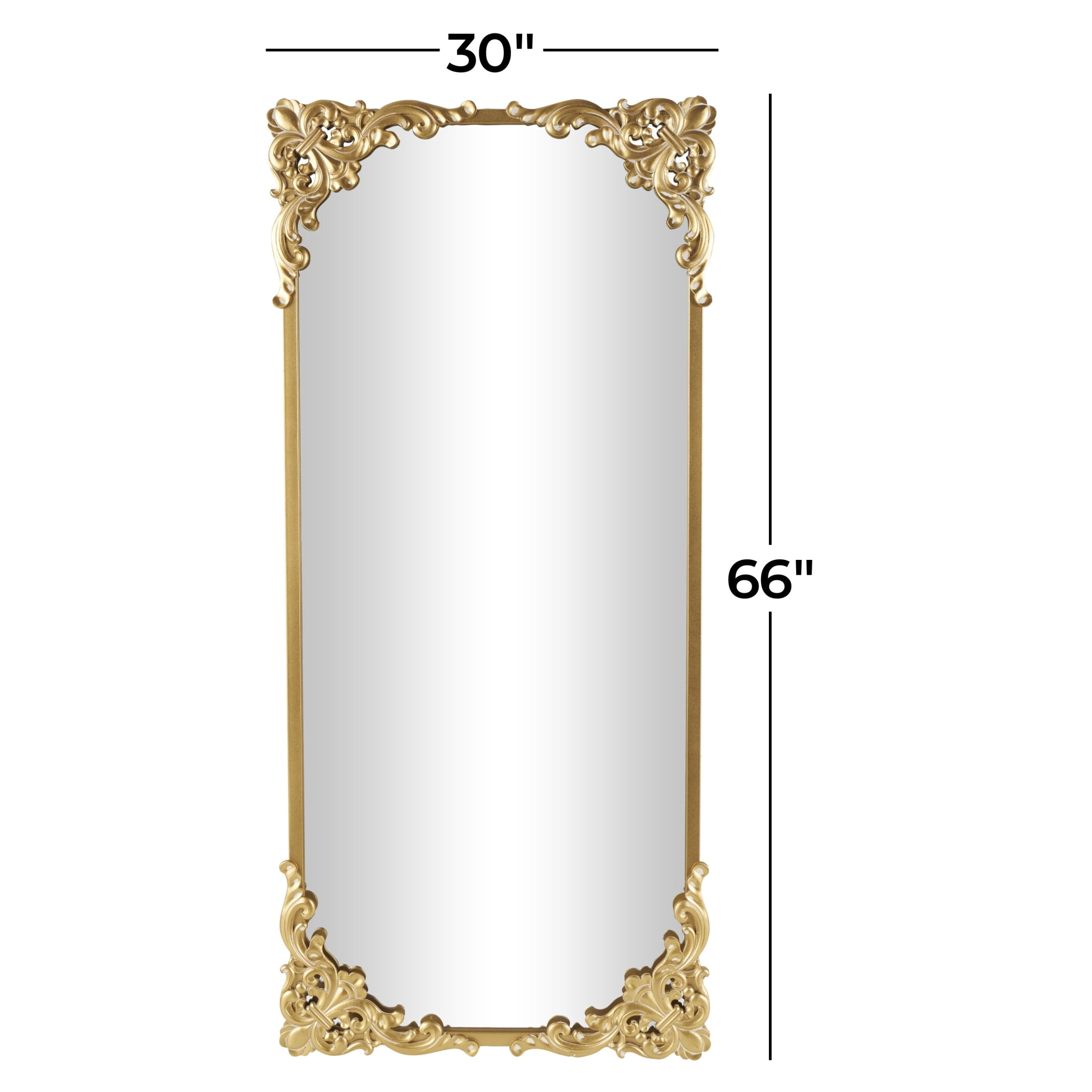 DecMode 30" x 66" Gold Metal Scroll Tall Ornate Baroque Floor Mirror