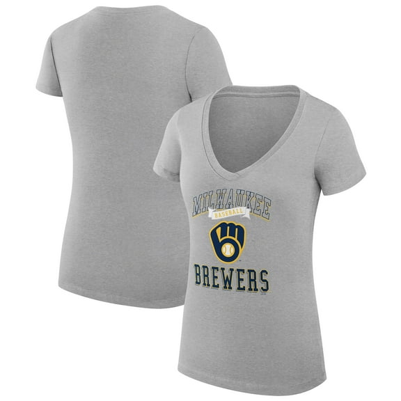 Women's G-III 4Her by Carl Banks Heather Gray Milwaukee Brewers Super-Slim Fit Lightweight Team Logo Graphic V-Neck