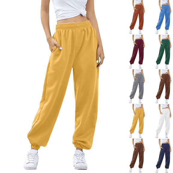Women's Sweatpants Athletic Casual Solid Color Stretch Waist Pocket Long Trousers Workout Loose Pants Yellow S-3XL
