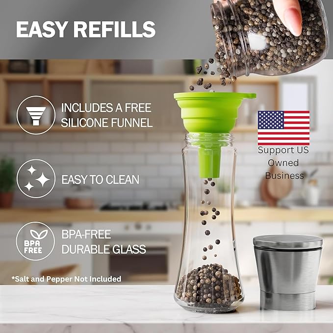 Premium Stainless Steel Sea Salt and Pepper Grinder Set of 2 - Adjustable Ceramic - Tall Glass Salt and Pepper Shakers - Kitchen Spice Mill W/Funnel & EBook