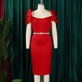thumbnail image 4 of AURA Plus Size Elegant V Neck 3D Flower Banquet Midi Dress High Waist Bodycon African Party Dress with Belt, 4 of 10