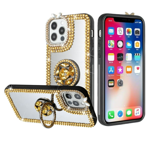 For Apple iPhone 13 (6.1") Mirror Diamonds Rhinestone Frame 3D Bling Ornaments with Ring Stand Hybrid Protective Cover ,Xpm Phone Case [ Gold ]