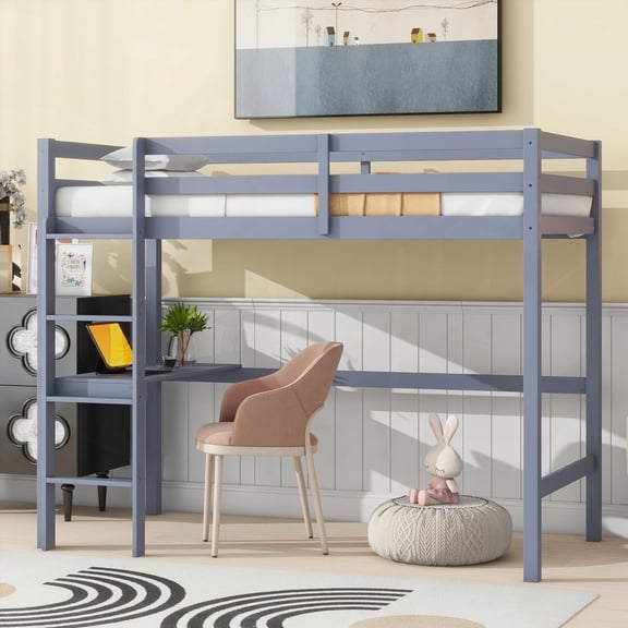 Grey Twin Loft Bed Having Safety Guardrail & Built-in Desk, Made from Rubber Wood
