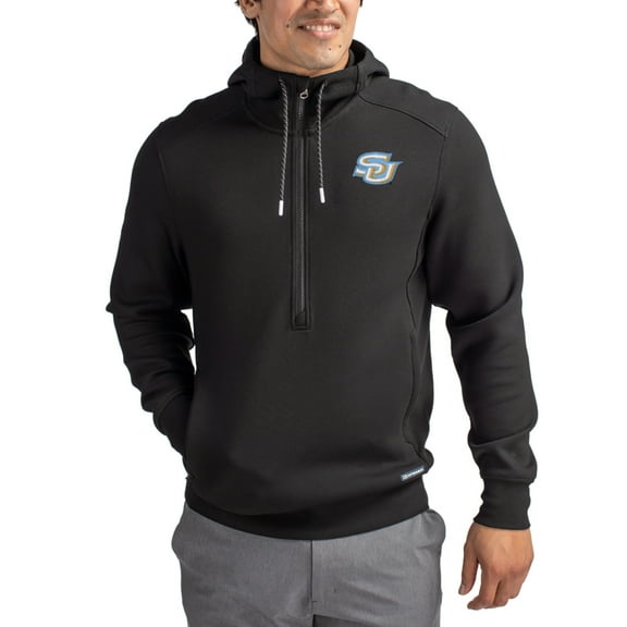 Men's-Cutter & Buck Black Southern University Jaguars Roam Eco Recycled Half-Zip Pullover Hoodie