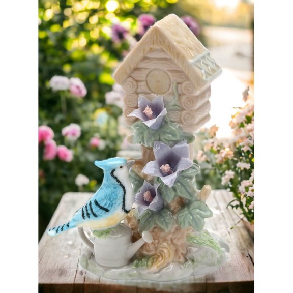 Ceramic Blue Jay Bird Figurine with Flowers 4.5in