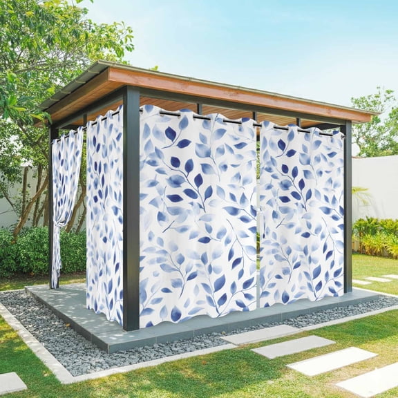 Outdoor Curtains for Patio Waterproof, Navy Blue Eucalyptus Outdoor Privacy Panels Grommet, Spring Summer Botanical Leaves Blackout Outside Curtains for Porch/Cabana/Pergola/Gazebo 54"x95", 1 Panel