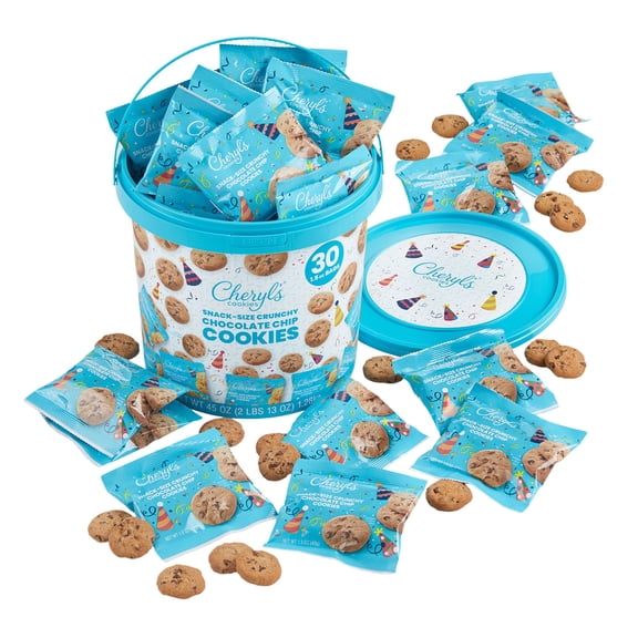 Cheryl's Cookies® Party Crunchy Chocolate Chip Cookie Pail, with 30 Pack of Individually Wrapped Chocolate Chip Cookies, Gift for Any Occasion, Family, Friends, Coworkers