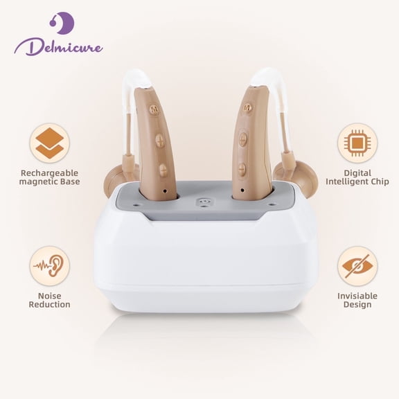 Delmicure Hearing Aids for Seniors, Rechargeable Sound Device with 4-Mode & Magnetic Charging Base for Hearing Loss, VHP-1021 Beige - Button Control