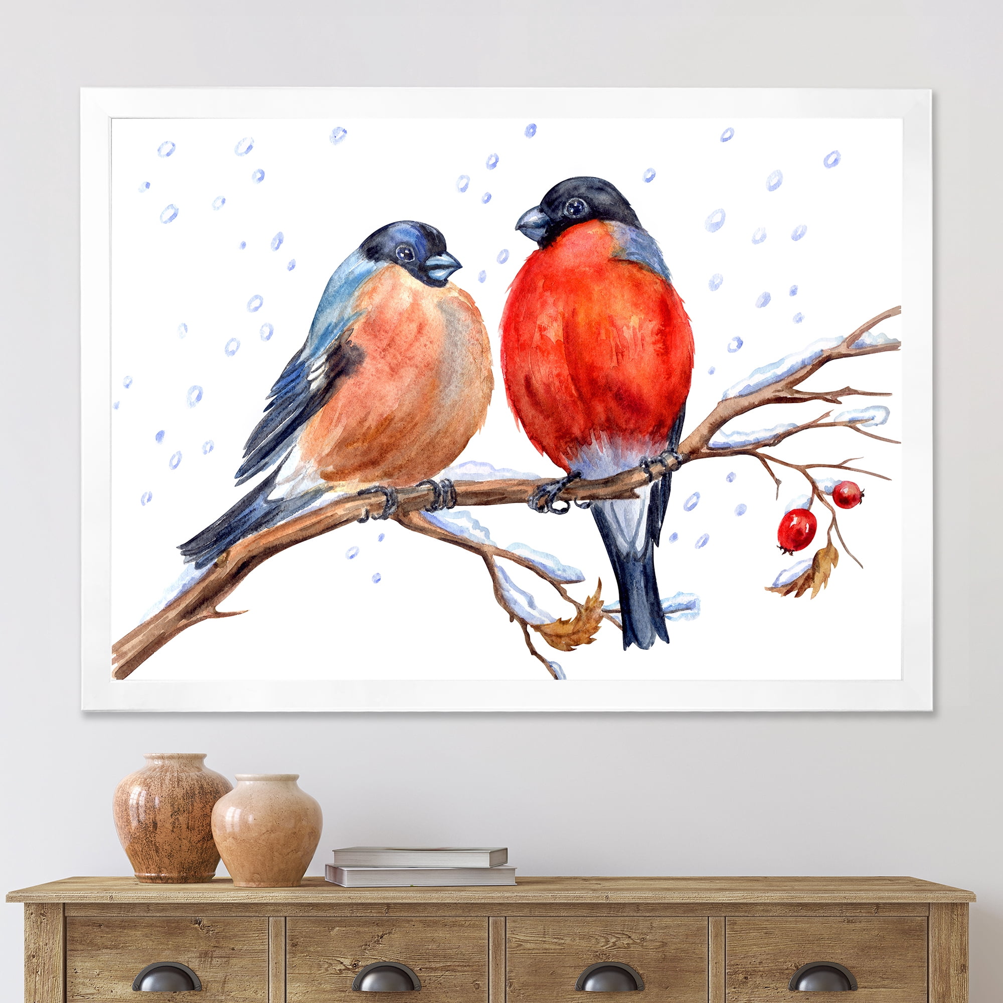 Designart 'Two Bullfinches On A Hawthorn Branch with Snowfall In Winter' Traditional Framed Art Print