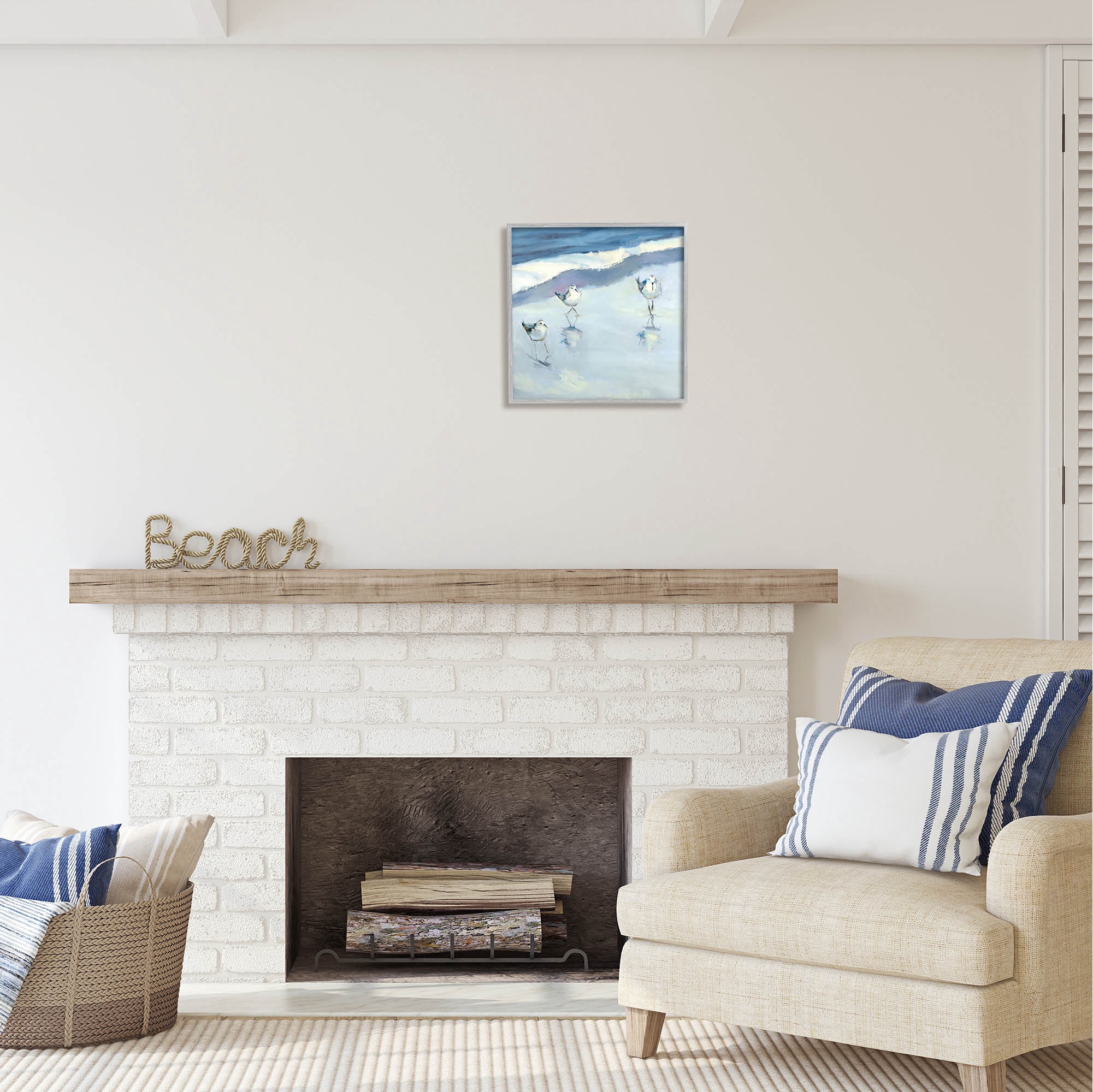 Stupell Industries Blue Abstract Sandpipers Painting Coastal Painting Gray Framed Art Print Wall Art