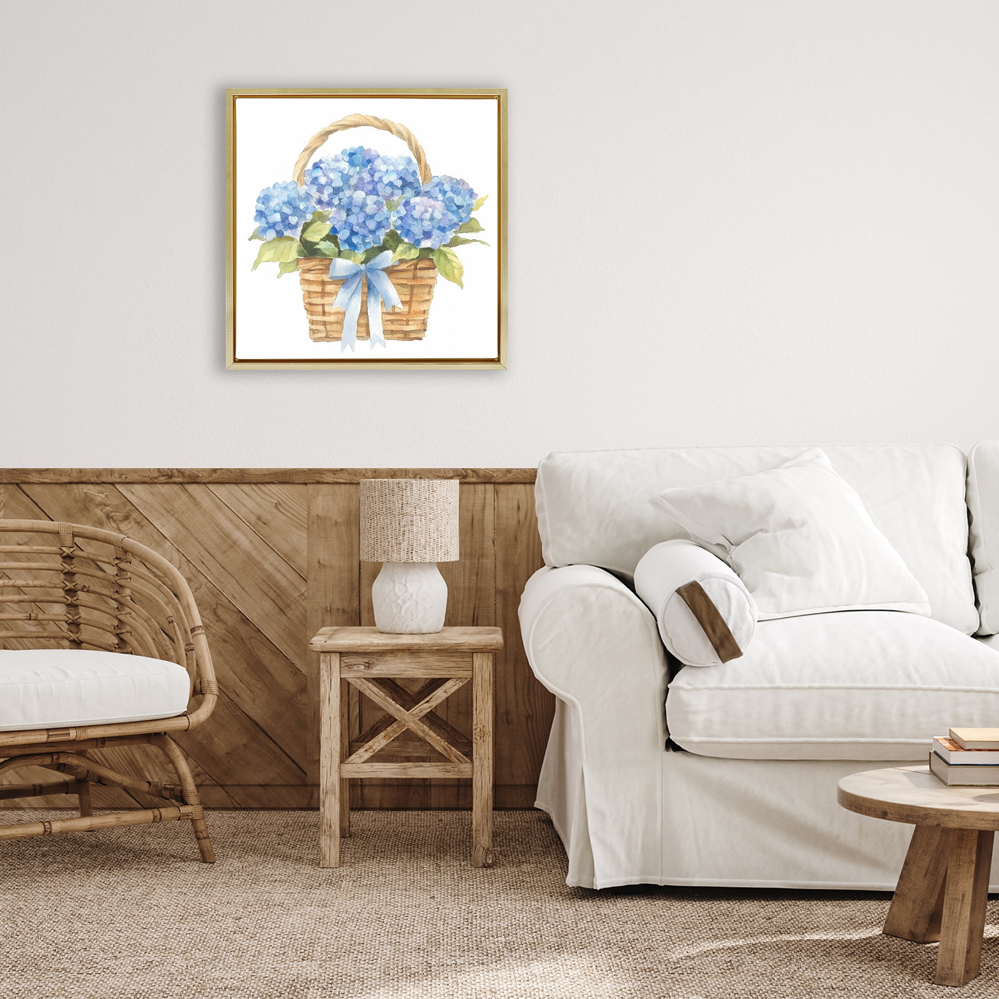 Stupell Industries Pretty Blue Hydrangea Picnic Basket Gold Framed Floater Canvas Wall Art, design by Petal Prints Design