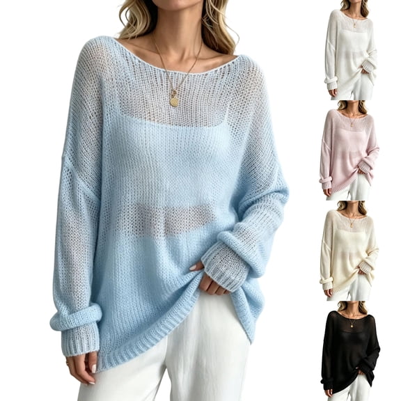 Womens Sheer Open Knitted Pullover Solid Color Boat Neck Long Sleeve Relaxed Oversized Knit Sweater Lightweight Casual Layering Top Blue L