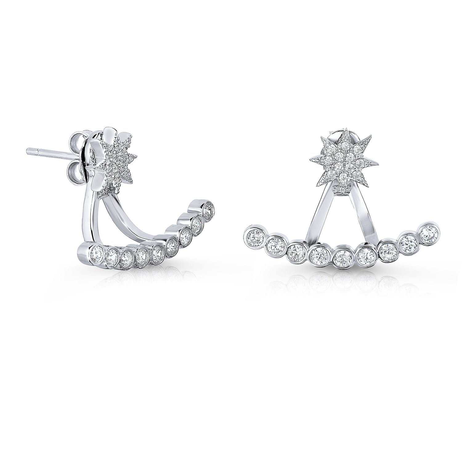 Tilo Jewelry Solid 925 Sterling Silver Starburst CZ Curved Bar Ear Jacket Stud Earrings | Everyday Earrings for Women & Unisex