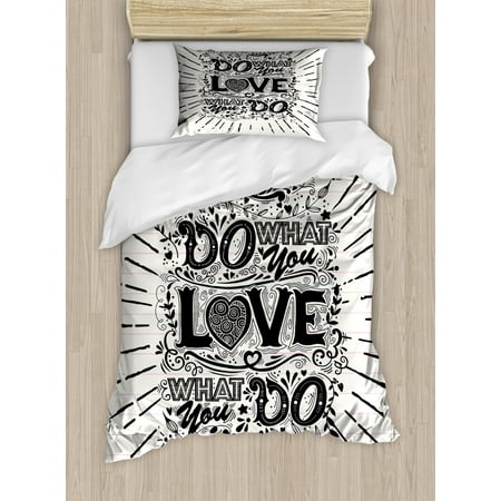 What Comes In A Duvet Set Love What You Do Duvet Cover Set, Hand Drawn Vintage Illustration Hand-lettering and Ornate Elements, Decorative Bedding Set with Pillow Shams, Off White Black, by Ambesonne ()