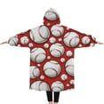 thumbnail image 2 of Oversized Wearable Blanket Hoodie,Red Baseballs Pattern Sherpa Blanket Hoodie with Super Pockets,Super Warm Fuzzy Pullover for Women & Men, 2 of 6