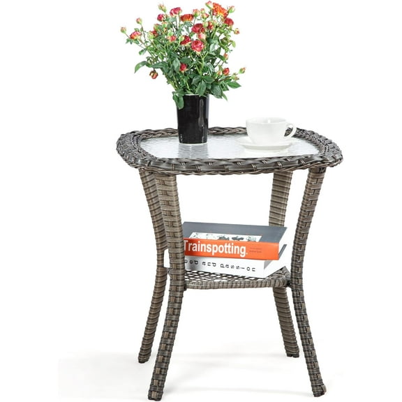 Joyside 20”x20”x22” Wicker Outdoor Side Table - Patio Coffee Table with 5” Tempered Glass & Convenient Storage Shelf Ideal for Patio Furniture Set, Brown