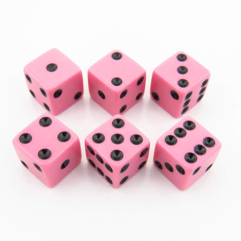 Pink Opaque Dice with Black Pips D6 16mm (5/8in) Pack of 6 Koplow Games