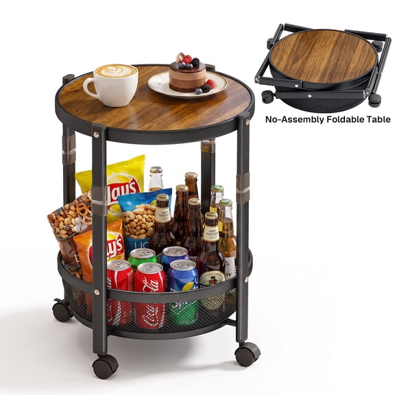 Behome Small Side Table, 2-Tier Sofa Side Snack Table, Foldable Round End Table with Storage Basket for Livingroom, Bedroom,and Bathroom