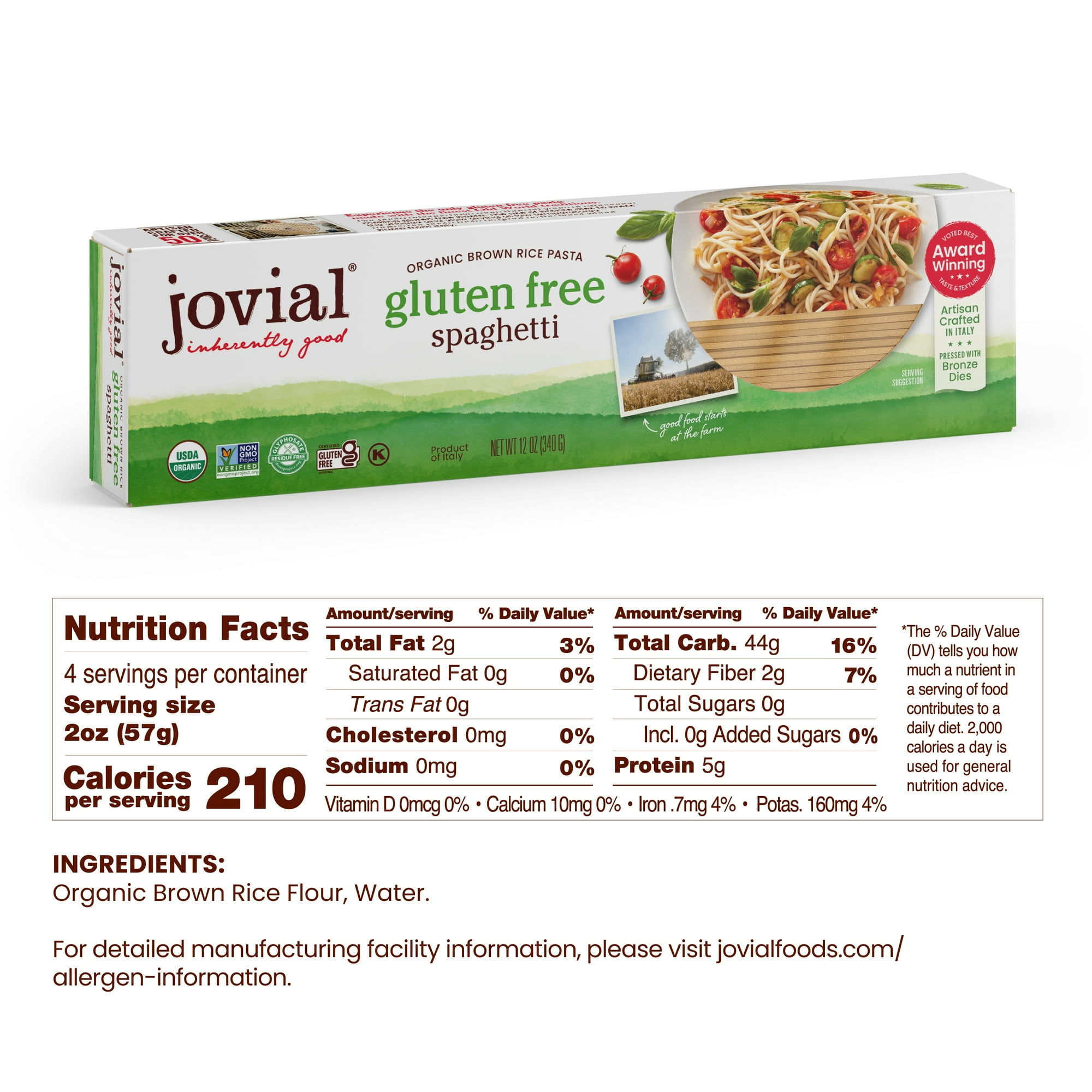Jovial 100% Organic Gluten-Free Brown Rice Spaghetti Pasta, 12oz