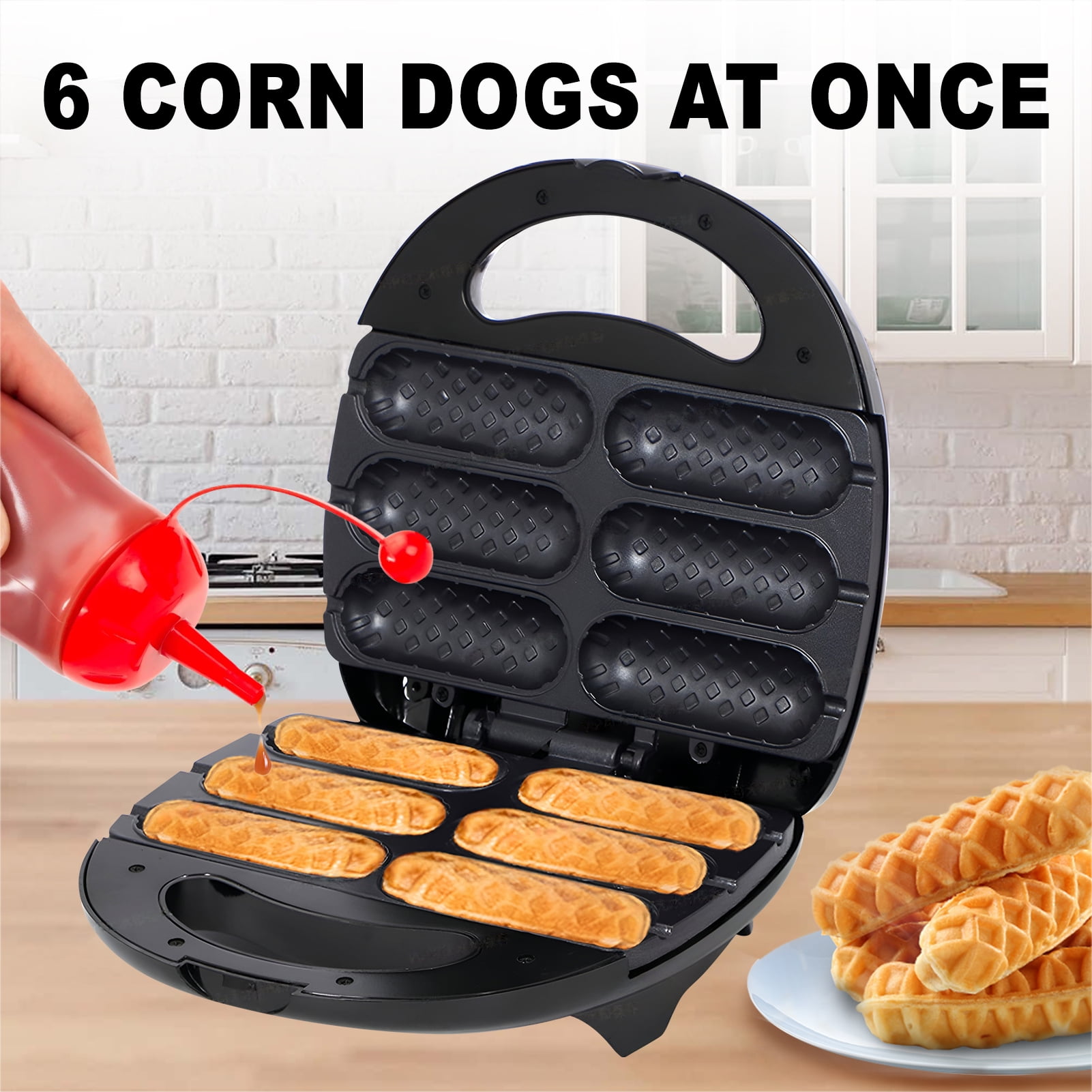 Corn Dog Waffle Maker,850W Hot Dog Waffle Machine with Non-stick Coating Plate, 6 Corn Dogs Maker Toaster ,Black