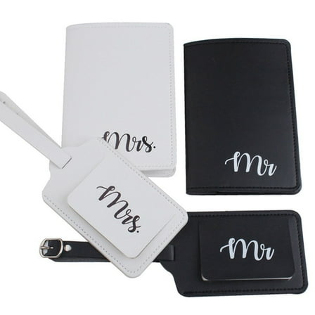 4Pcs PU Leather Mr Mrs Luggage Tags Passport Covers for Couples Travel Honeymoon Wedding Bridal Shower Gift
