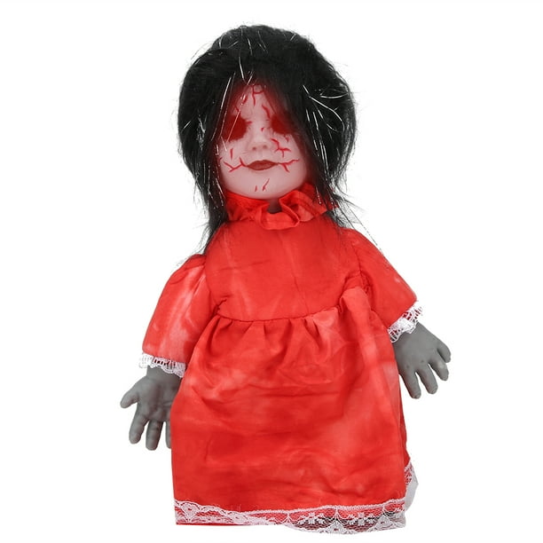Muñeca espeluznante de Halloween, muñeca caminante embrujada y aterradora, control de voz, accesorios de Halloween, cabello negro