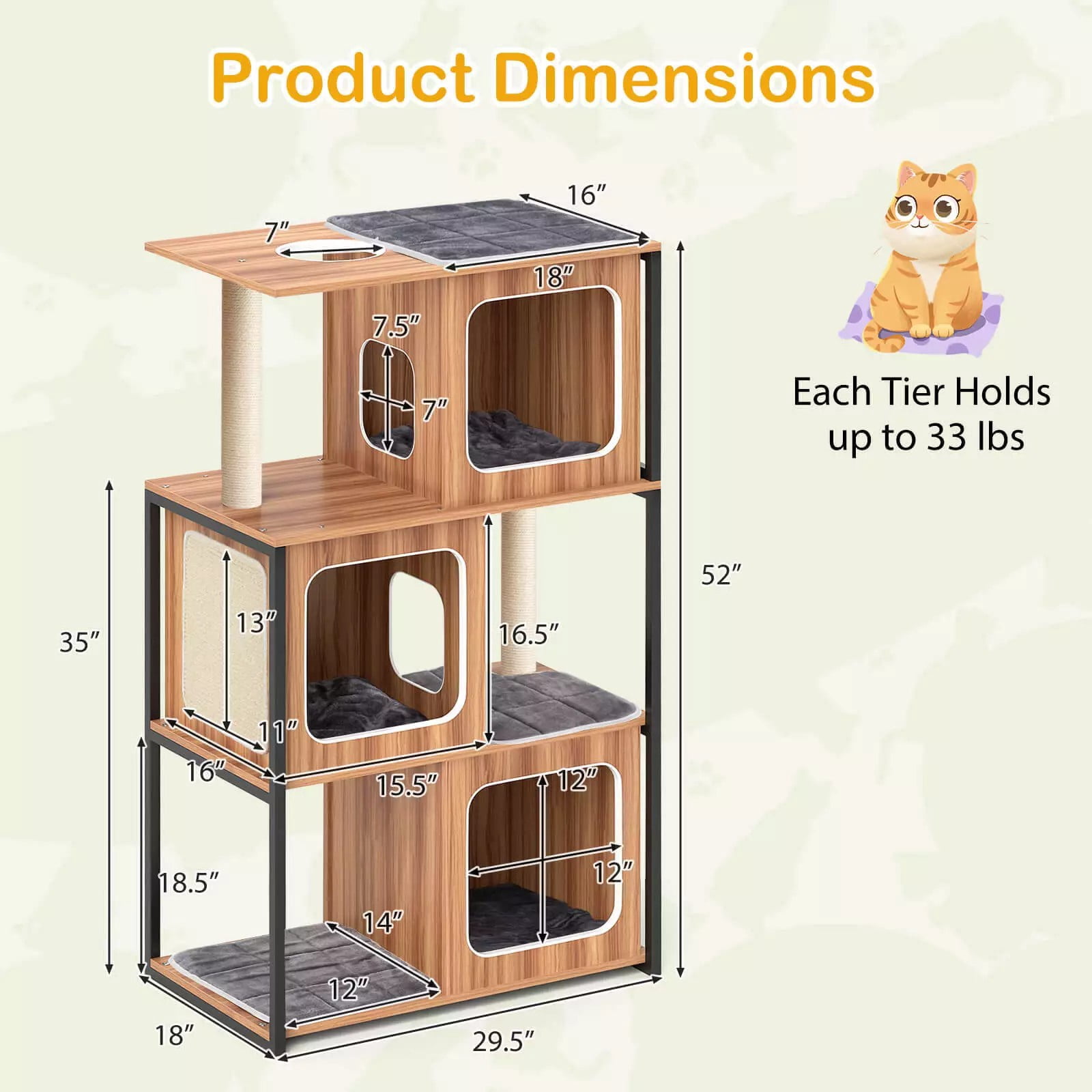 Auranook 52" Tall Wooden Cat Tree w/ Metal Frame, 3 Condos, Sisal Scratching Posts & Board, Washable Cushions, Multi-Level Tower for Large Indoor Cats & Kittens