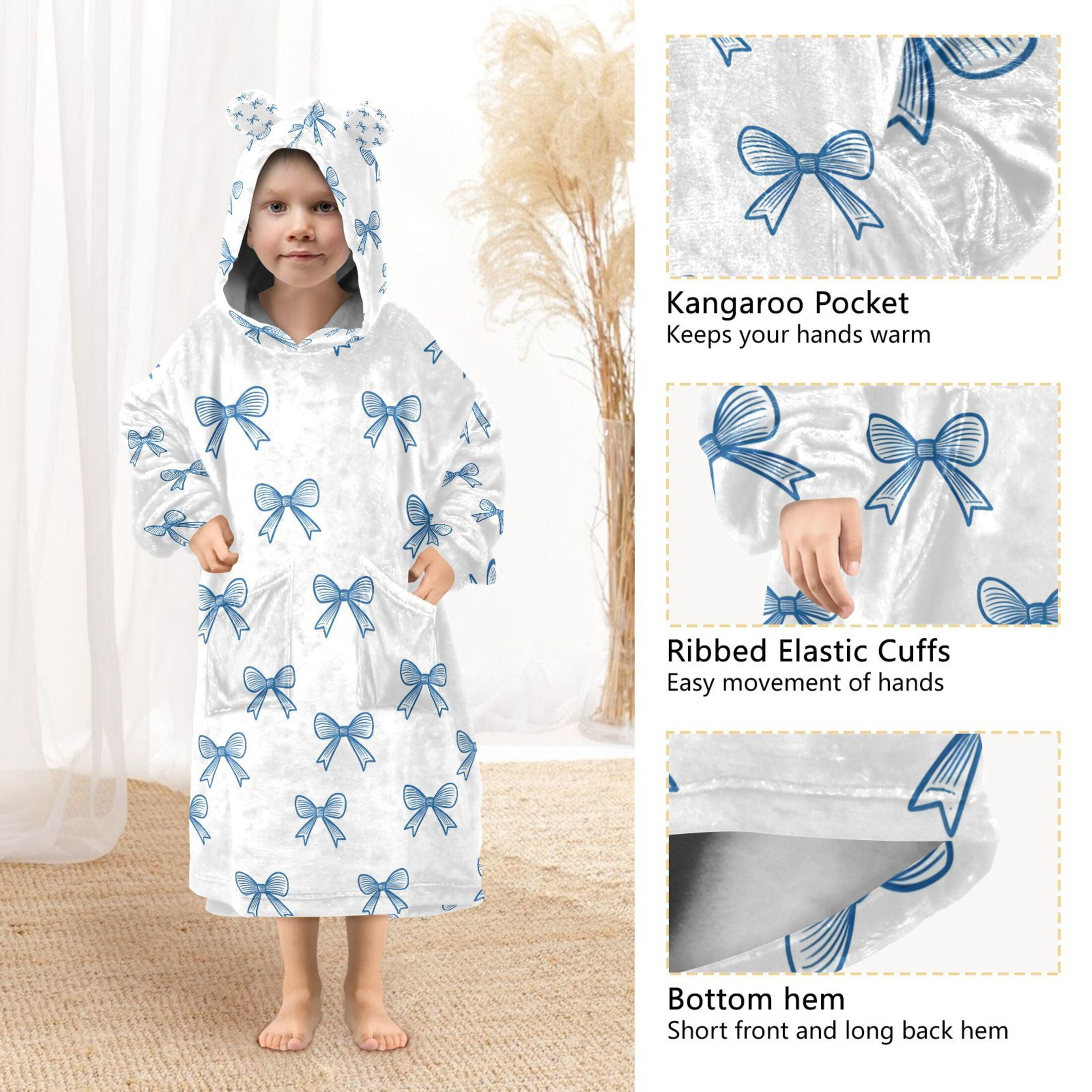 joogoo Wearable Blanket Hoodie for Bows Blue Flannel Sherpa Pocket 3-14 YR S