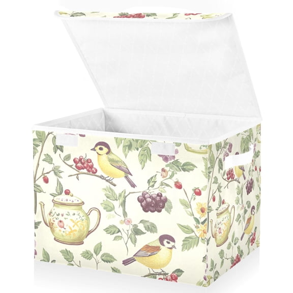 Yayeee Collapsible Cube Storage Bin with Lid Fabric Closet Decorative Basket with Handles, Purple Birds Teapots