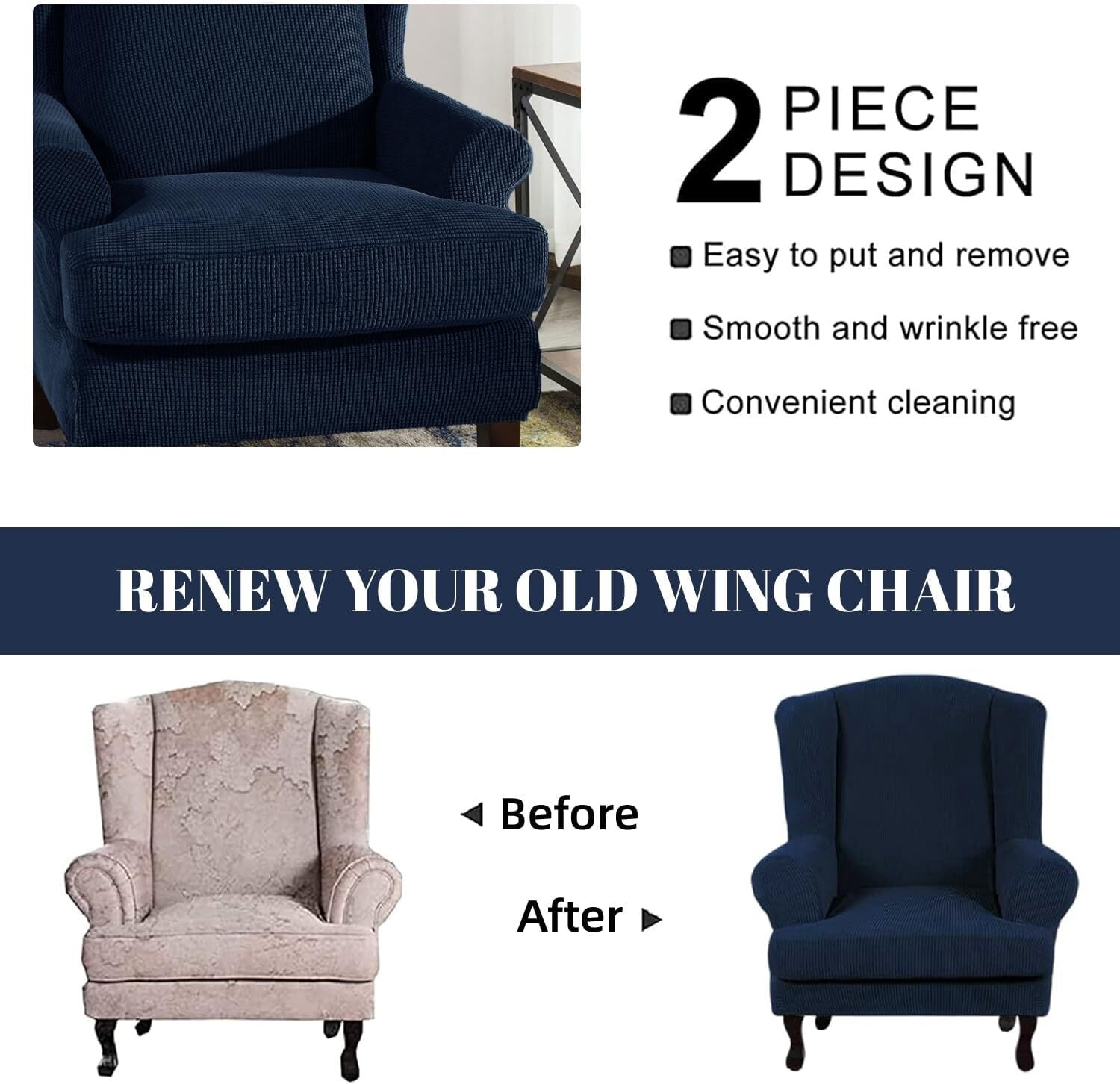 LKJYER Wing Chair Slipcovers 2 Pieces Stretch Spandex Wingback Chair Covers Sofa Slipcover Washable Armchair Protector Cover for Living Room and Bedroom