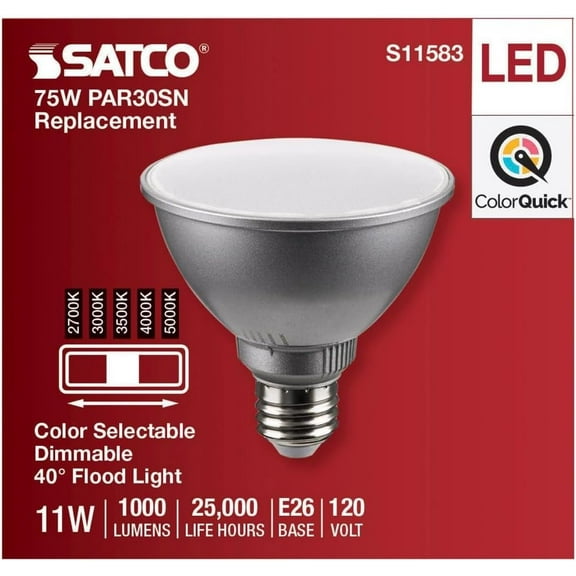 Satco S11583 11 Watt PAR30SN LED; Medium Base; Silver Finish; CCT Selectable; 120 Volt; 40 Degree Beam Angle
