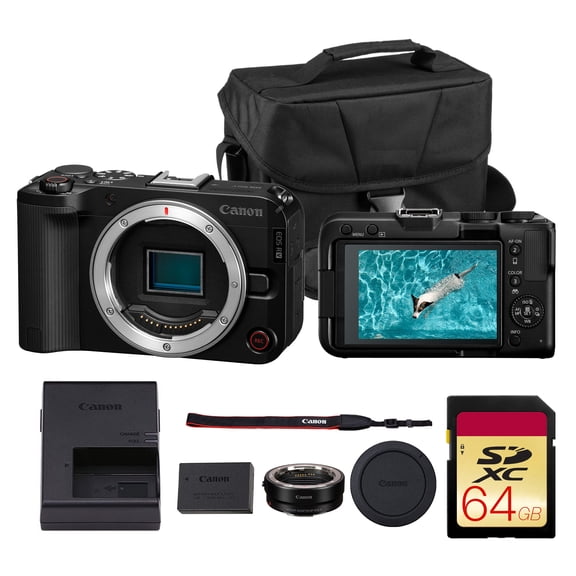 Canon EOS R50 V Mirrorless Camera | Compact Powerhouse for Vlogging, Streaming & Everyday Creativity (6895C002)   Canon Adapter EF-EOS R   Shoulder Bag   64GB Memory Card