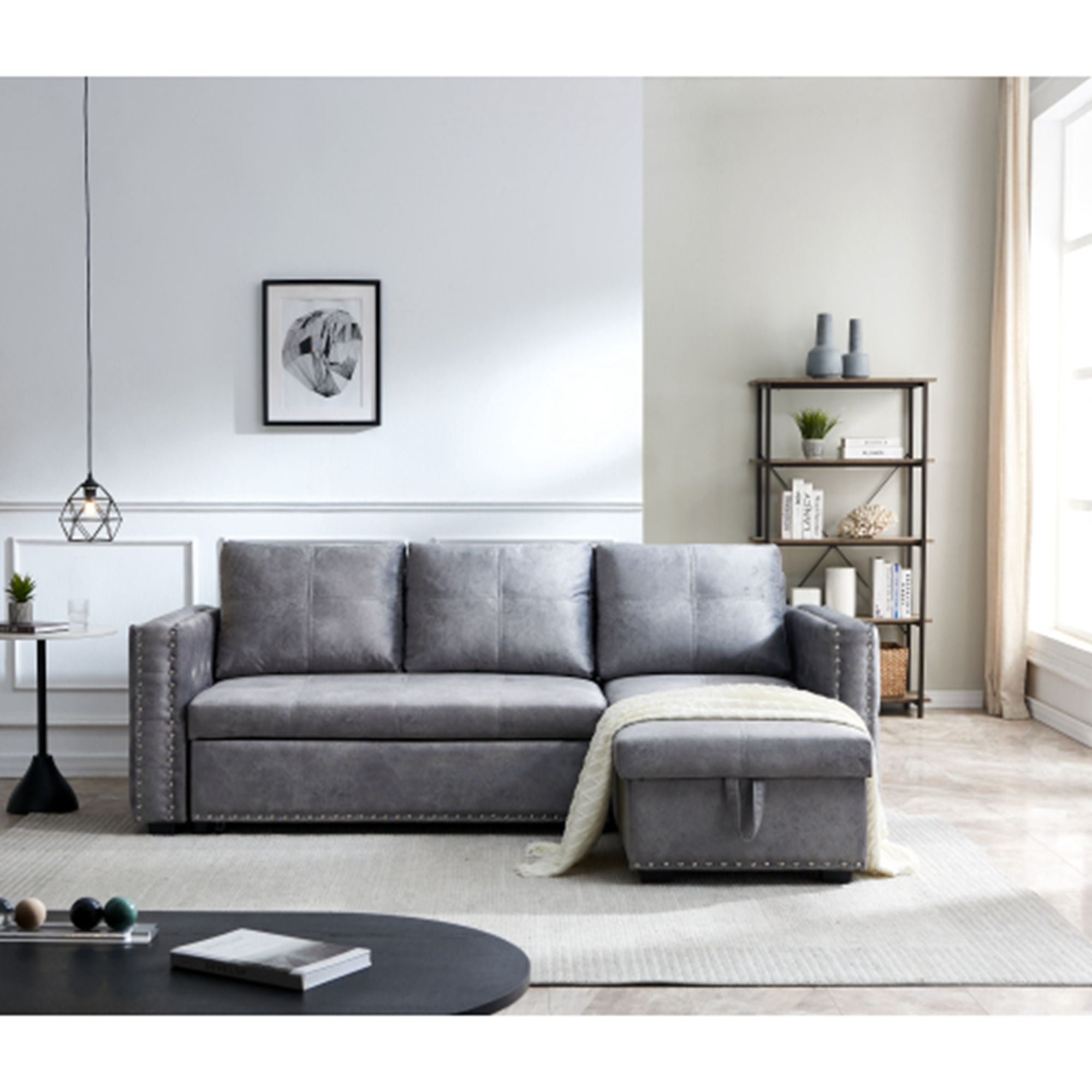 Sectional Sofa with Chaise, HABITRIO 91 L-Shape Seat Couch W/Pull-Out  Sleeper Bed, Reversible Storage Lounge, Grey Fabric Upholstered Button  Tufted Nail Head T… in 2023