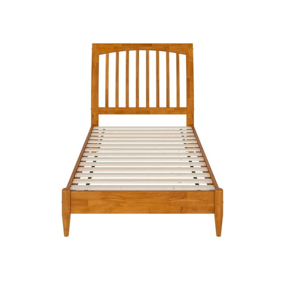 Solid Wood Sleigh Bed - Low Profile Platform Bed Frame, Twin Size, Light Toffee Finish