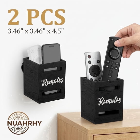 2pcs Wall Mount Remote Control Holder, Tabletop Wooden Remote Caddy, TV Controller Organizer for Living Room and Nightstand, Black