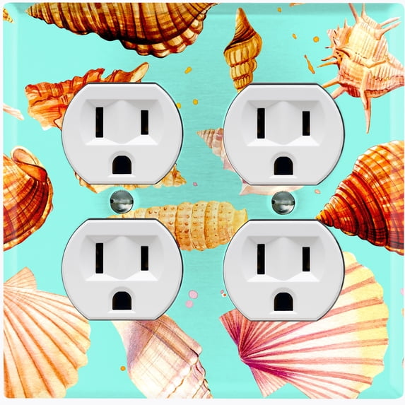 Metal Light Switch Wall Plate Outlet Cover (Colorful Sea Shells Pattern Teal - Double Duplex)