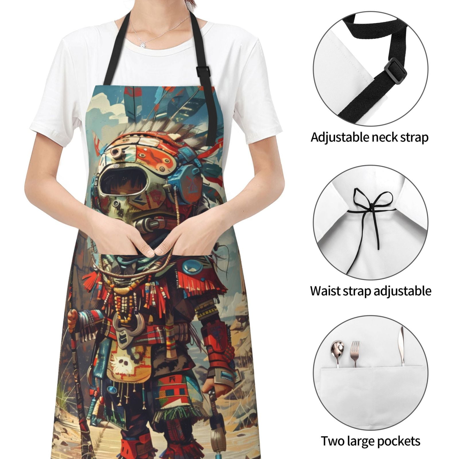 Kdxio Tribal Futuristic Warrior Apron with Pockets Adjustable Kitchen Aprons for Men Women Waterproof Aprons for Cooking,Drawing,Crafting, Baking Household Cleaning