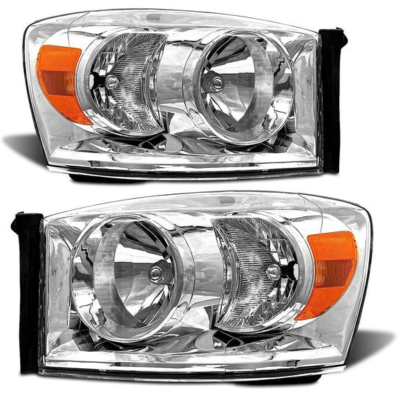 Chrome Headlights for 2006-2008 Dodge Ram 1500,2006-2009 Dodge Ram 2500/3500 Factory Replacement Clear Headlamps