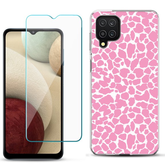 Slim-Fit Shockproof Phone Case compatible with Samsung Galaxy A12, with Tempered Glass Screen Protector, by OneToughShield ® - Giraffe/Pink
