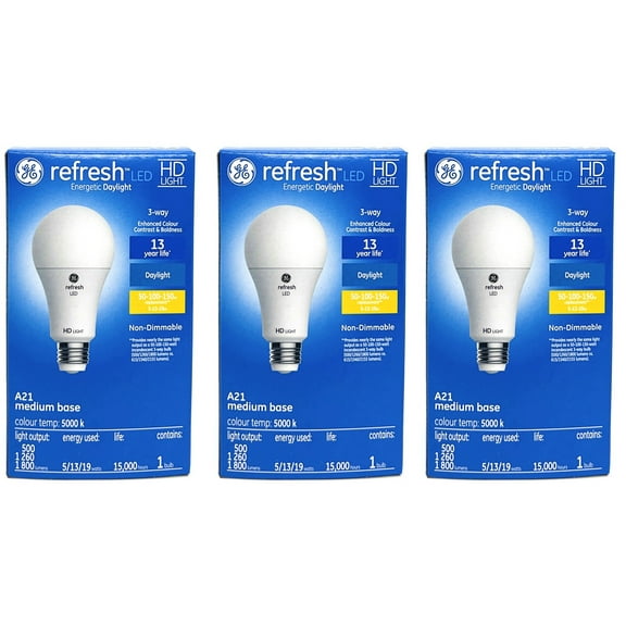 (case of 3) GE refresh LED 3 way A21, Energetic Daylight, 5,13,19 watt, 500,1260,1800 lumens, 3-way LED Light Bulb, Medium base, HD Light