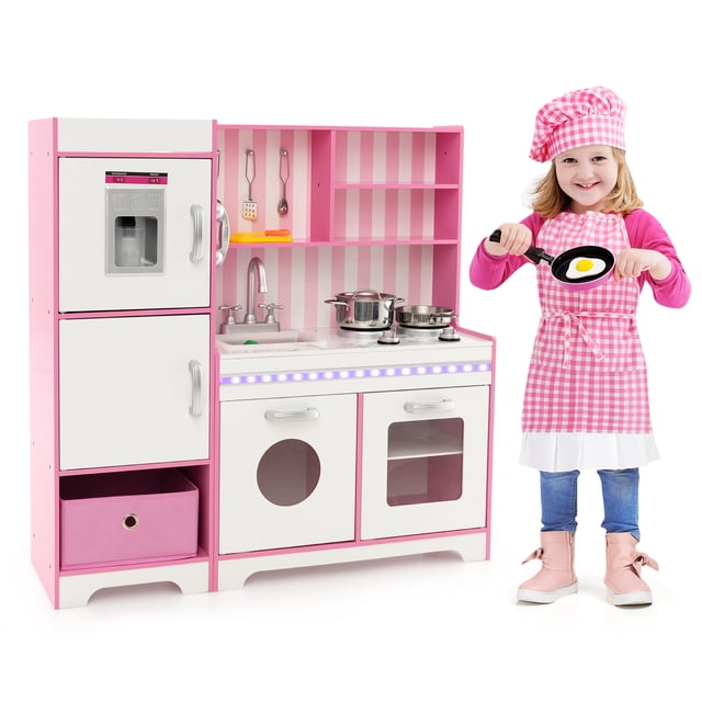 Costway Kids Kitchen Playset Wooden Toy with Adjustable LED Lights & Washing Machine