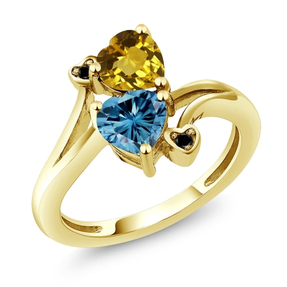 Gem Stone King 10K Yellow Gold Diamond Accent Ring Heart Shape Yellow Citrine and Vivid Persian Blue Moissanite (1.48 Cttw, Size 8)