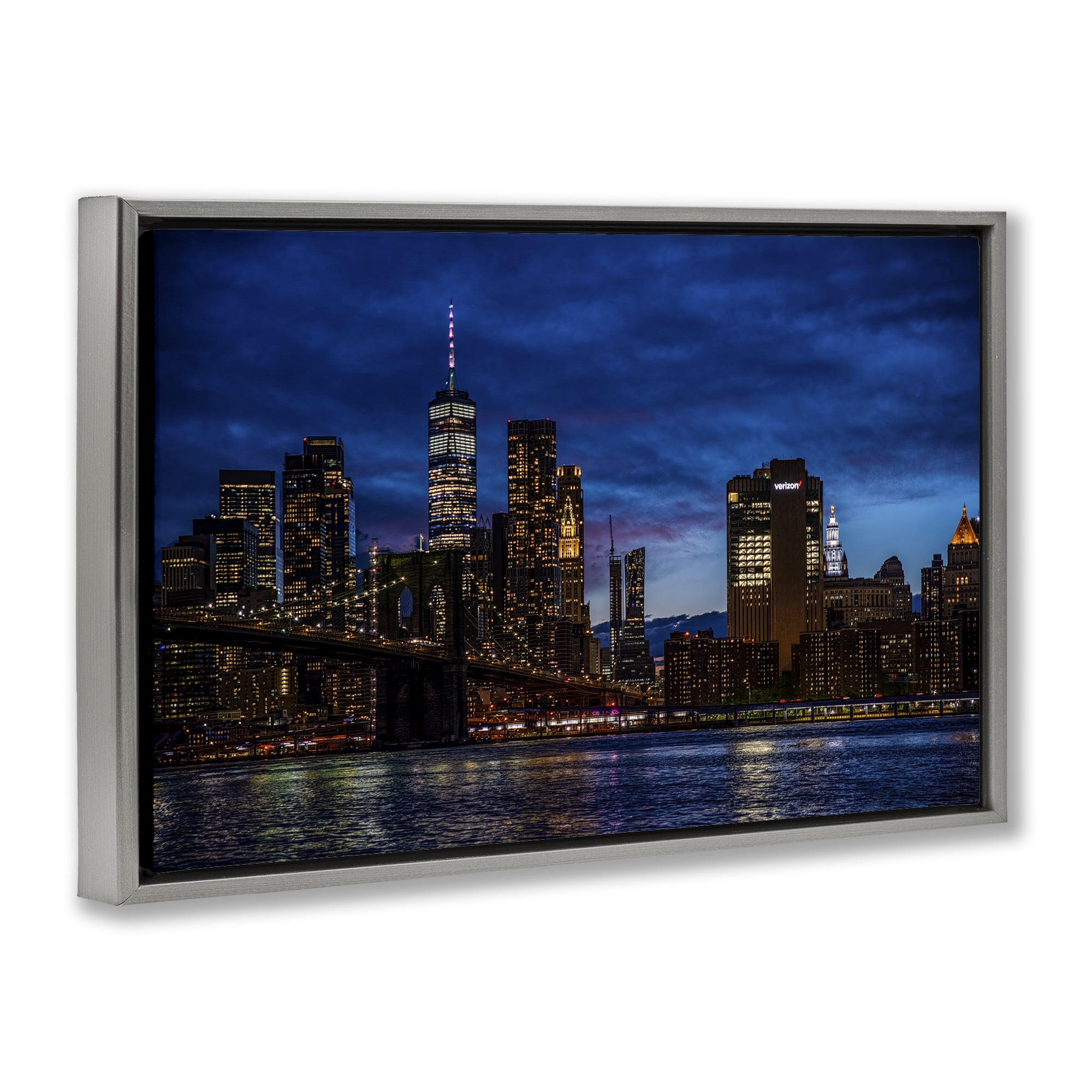 Stupell Industries Brooklyn Bridge at Night Gray Framed Floater Canvas Wall Art, design by Tim West