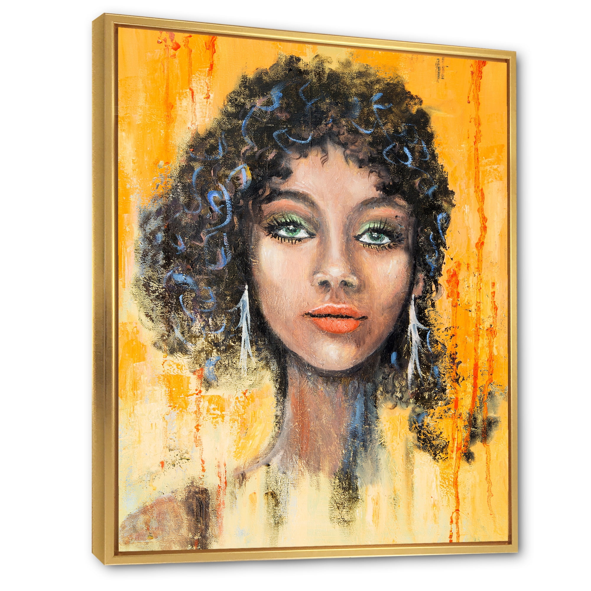 Designart 'Girl Face With Green Eyes & Black Hair Impression' Modern Framed Canvas Wall Art Print