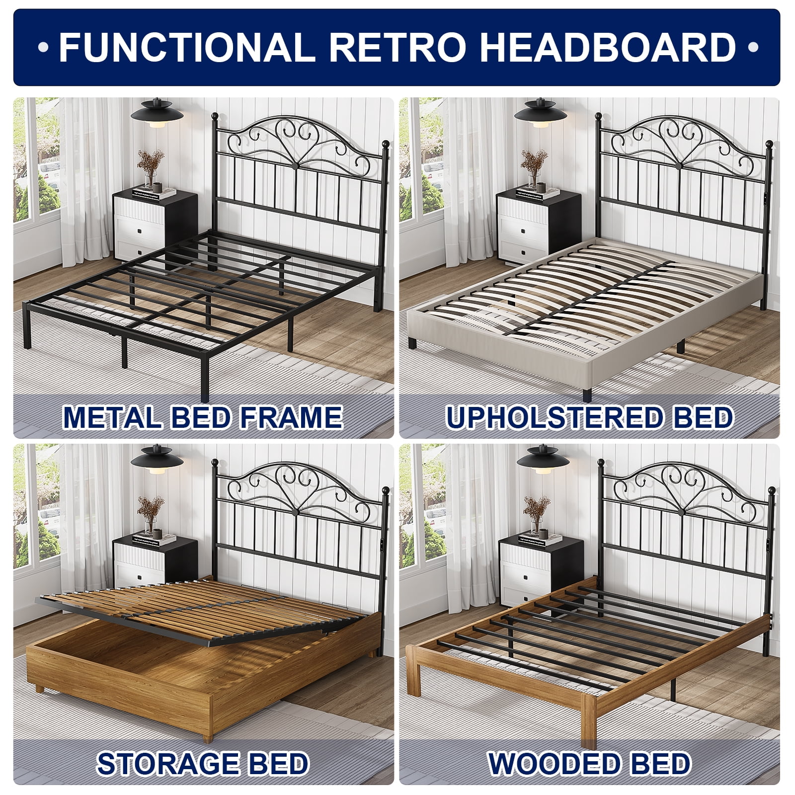 Yoneston Vintage Metal Queen Headboard with 3-Level Height Adjustment for Queen Bed Frame, Black