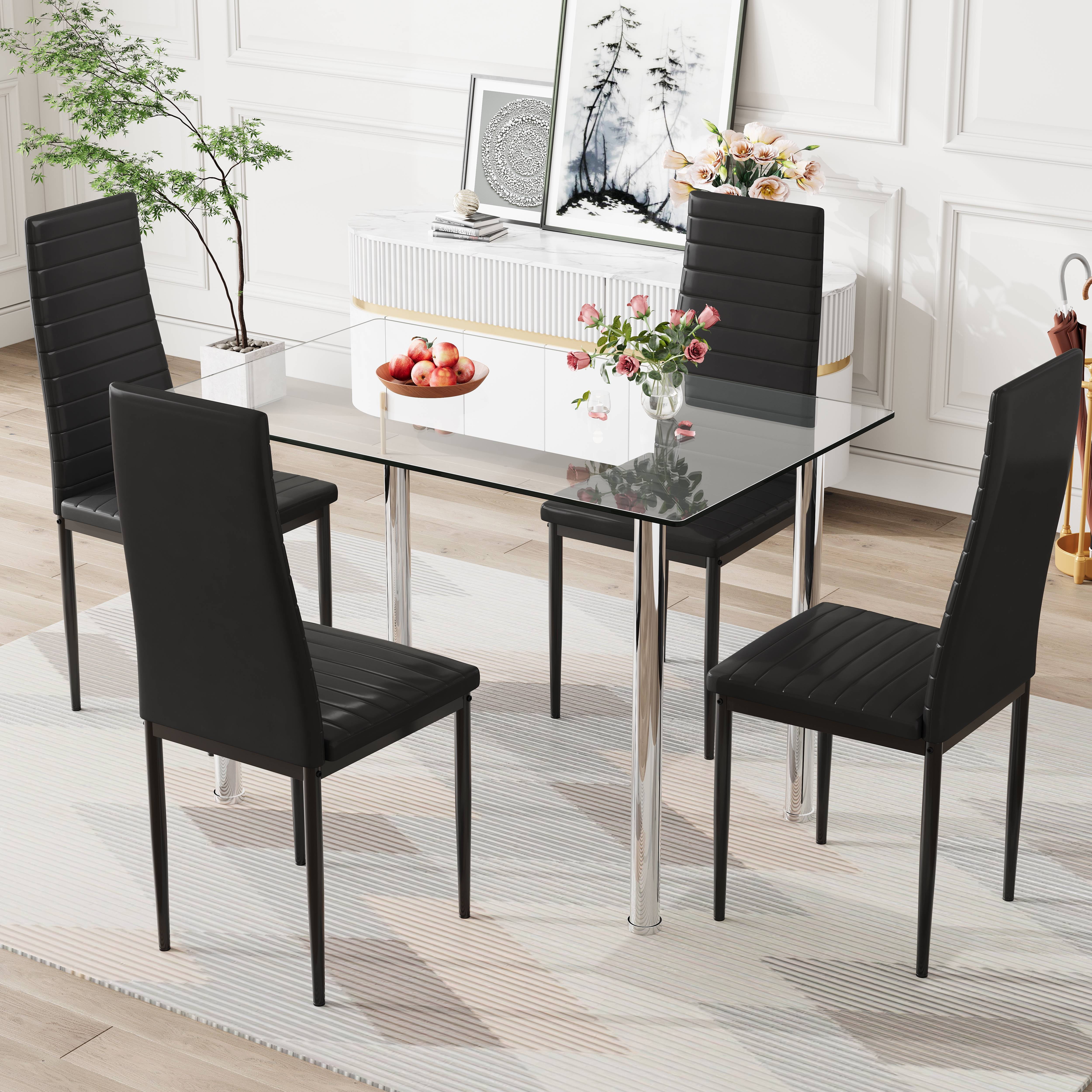PAPROOS Dining Table Set for 4, Modern Kitchen Table Sets with Tempered Glass Dining Table and 4 PU Leather Chairs, Compact Dining Room Set for Small Space, Home Dinette Set for 4, Black
